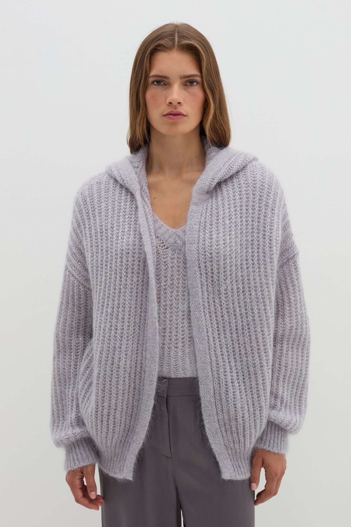 Cardigan STEFANEL de dama din tricot cu gluga IMBRACAMINTE STEFANEL Gri XS 805314522692