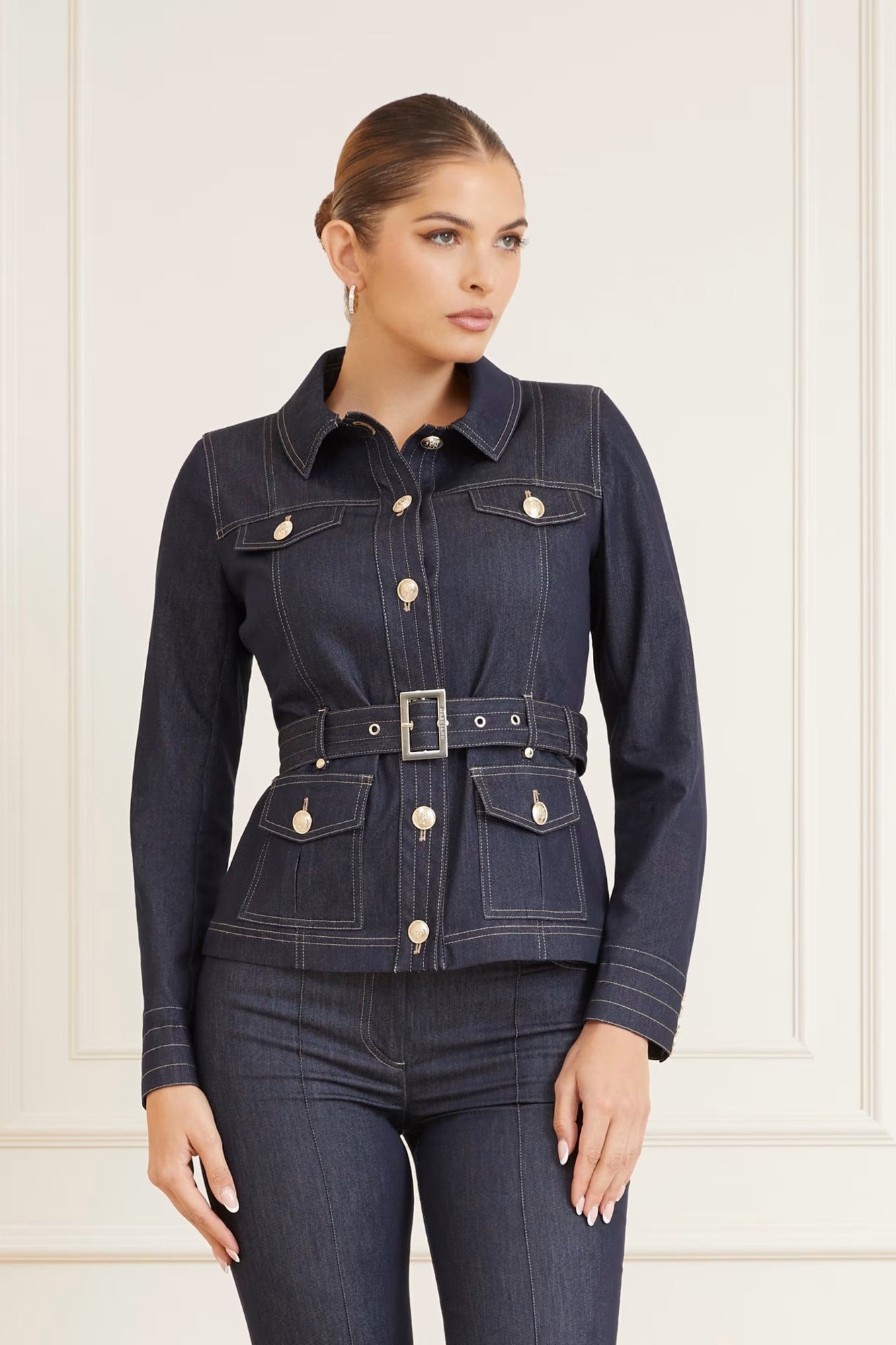 Jacheta denim tip safari cu curea si nasturi aurii MARCIANO by GUESS IMBRACAMINTE MARCIANO Albastru 38 761839160424