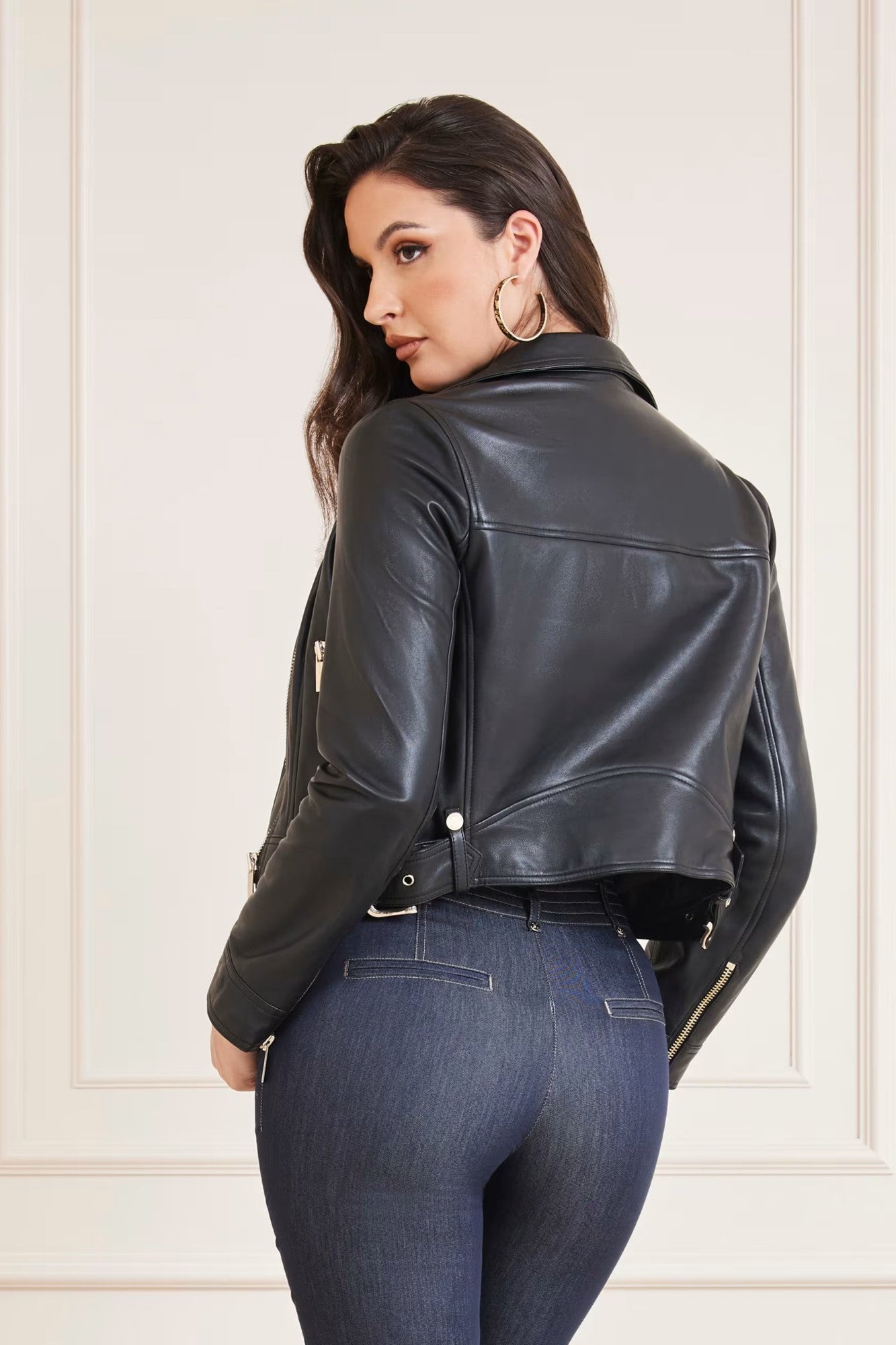 Geaca biker din piele neagra cu fermoare aurii MARCIANO by GUESS IMBRACAMINTE MARCIANO   