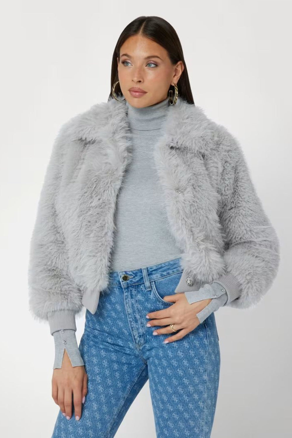 Geaca Bomber GUESS din Blana Artificiala IMBRACAMINTE GUESS Gri XS 762540853720