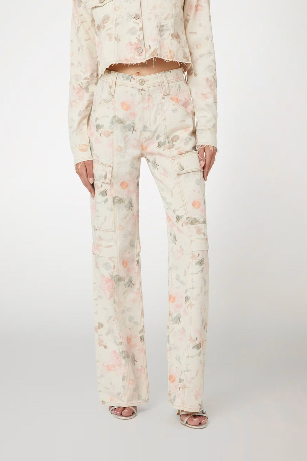 Pantaloni GUESS cu Print Floral IMBRACAMINTE GUESS Alb 24 761839193475