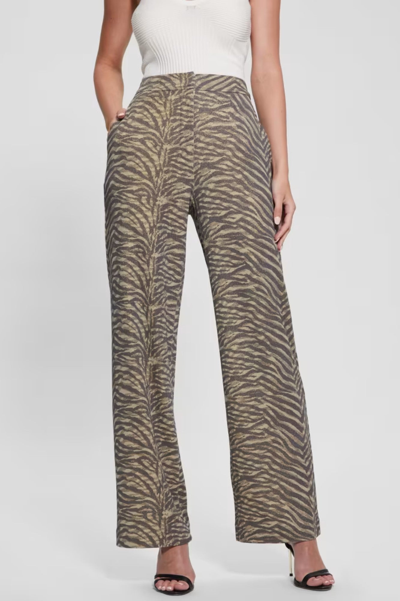 Pantaloni evazati GUESS cu imprimeu zebra si talie inalta IMBRACAMINTE GUESS AnimalPrint XS 761839155955