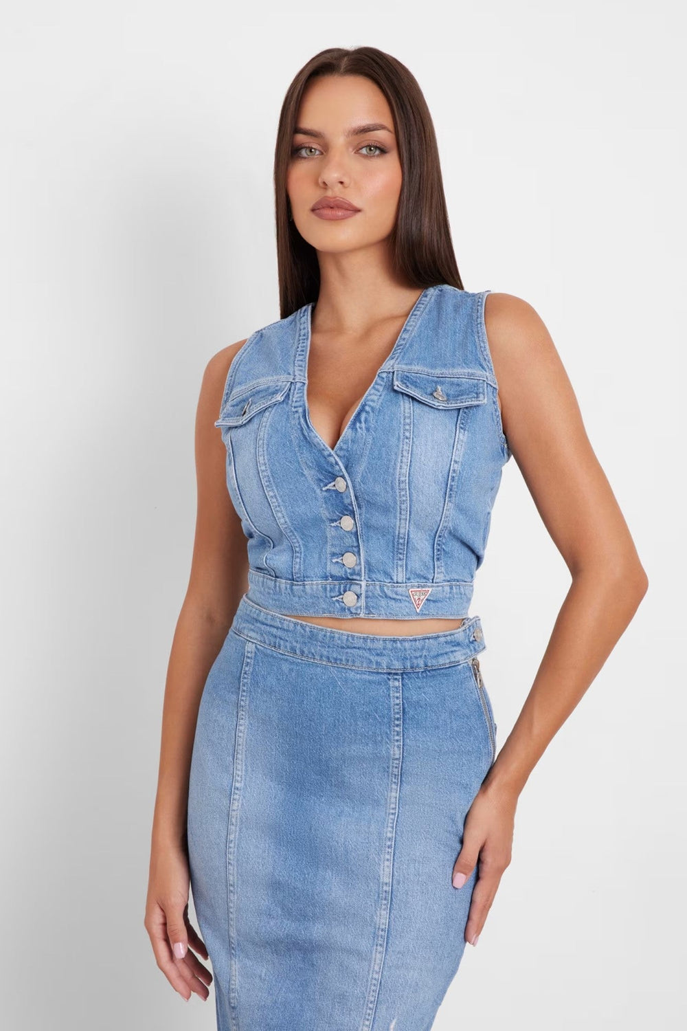 Vesta scurta denim GUESS cu nasturi IMBRACAMINTE GUESS Albastru XS 761839128365