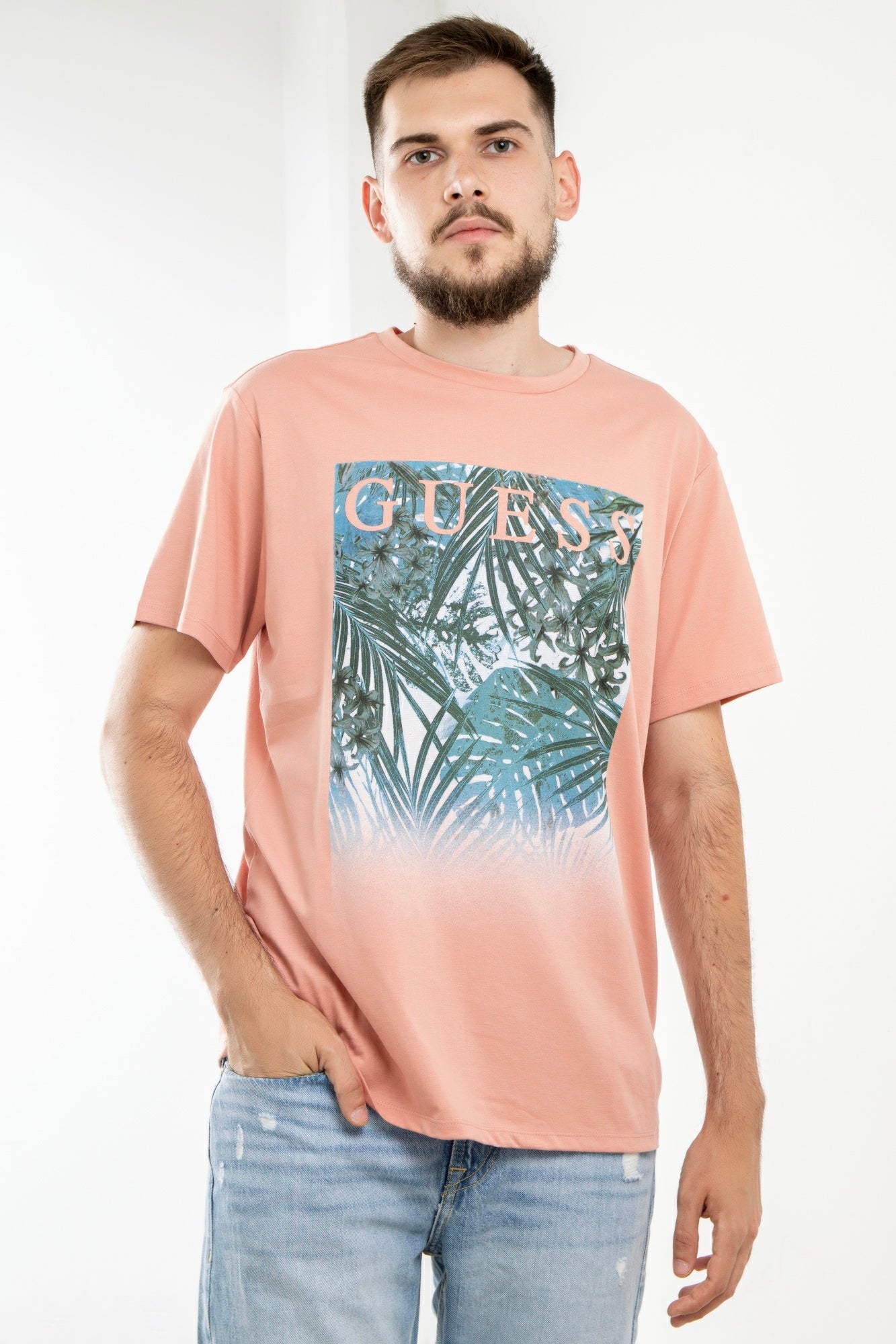 Tricou GUESS cu print si logo IMBRACAMINTE GUESS Roz XS 762610197234