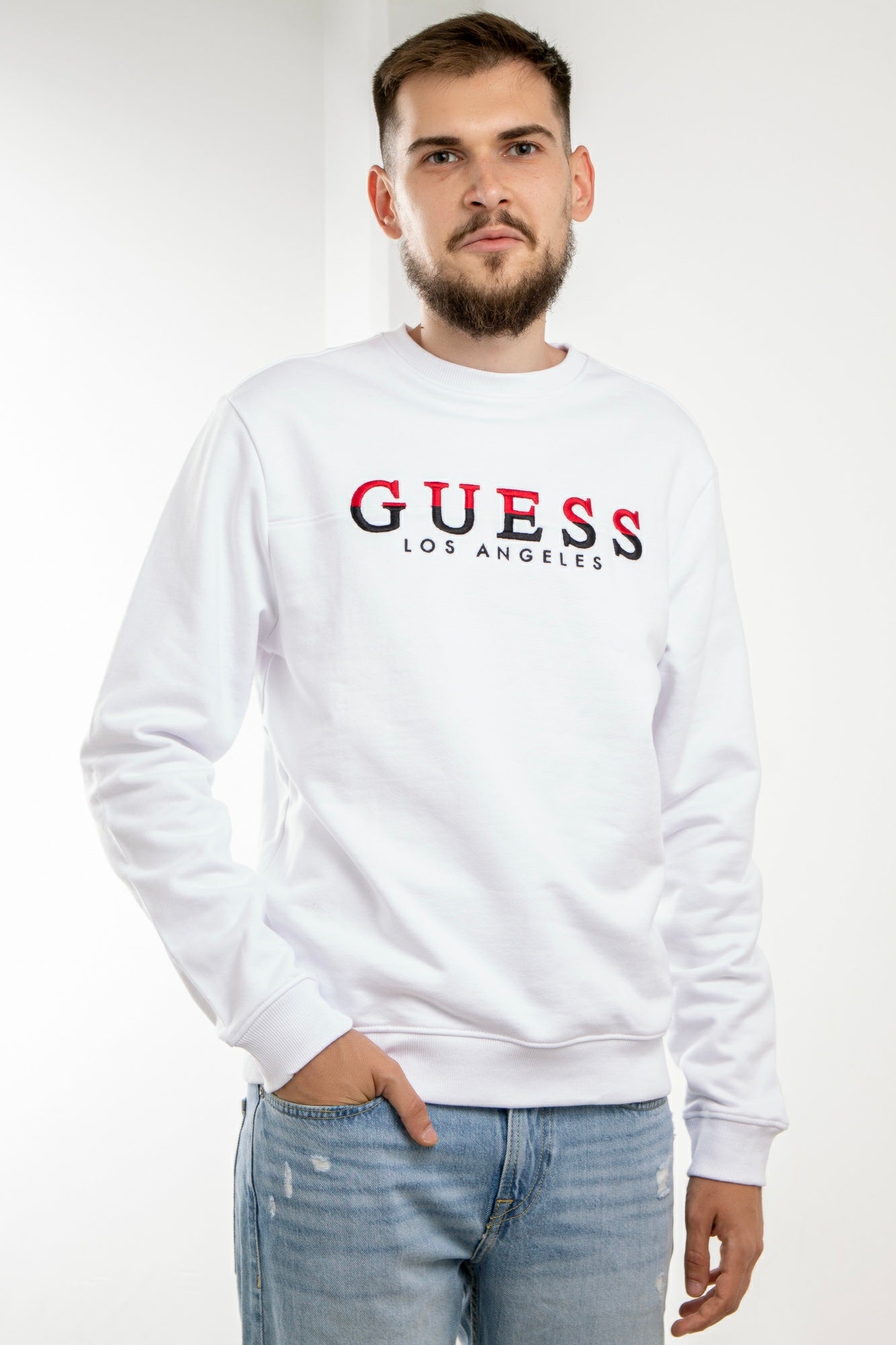 Pulover GUESS cu logo IMBRACAMINTE GUESS Alb S 761839174256