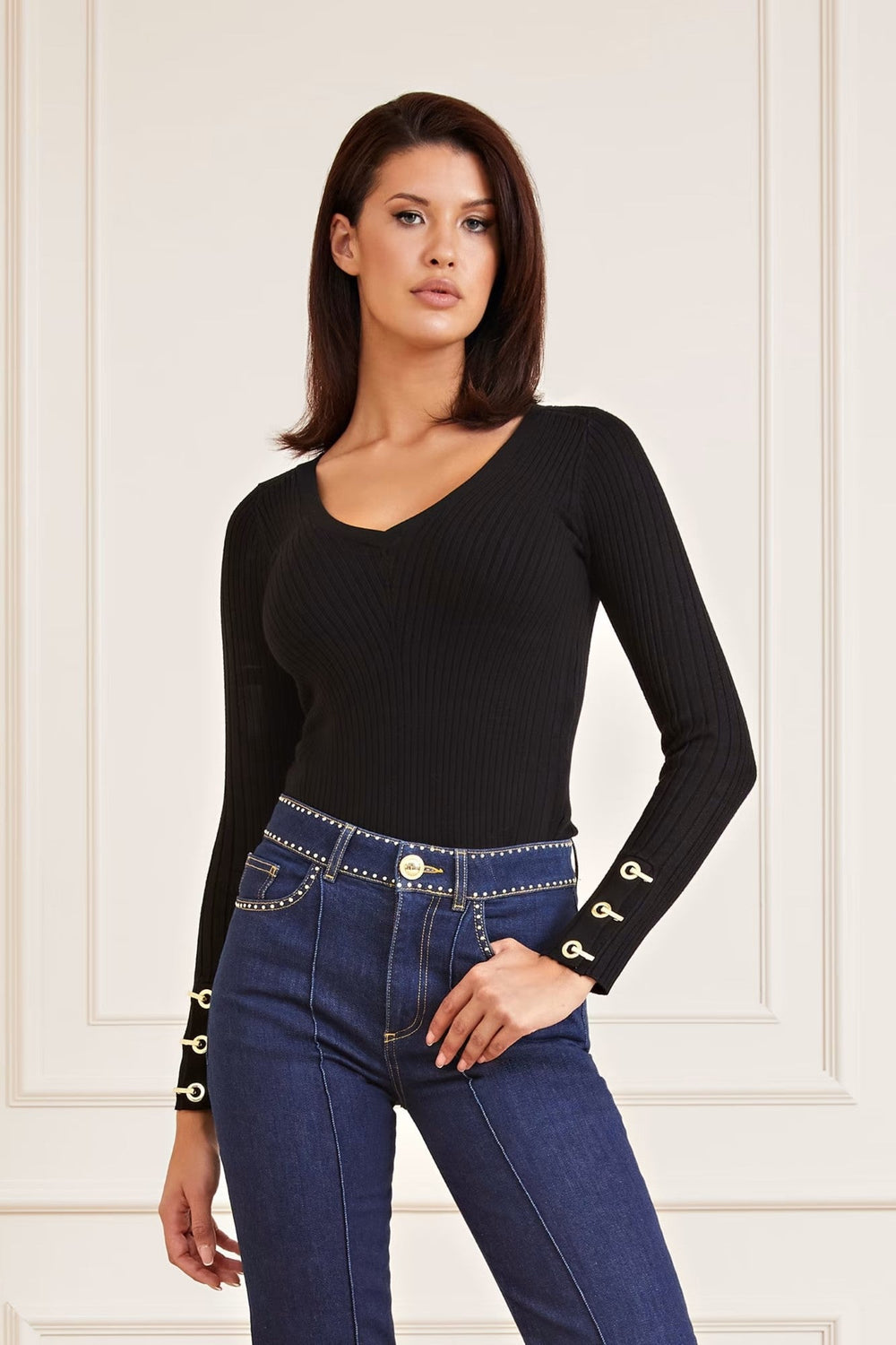 Pulover Dama MARCIANO by GUESS striata cu decolteu TOPURI SI BLUZE MARCIANO Negru XS 7622336014174