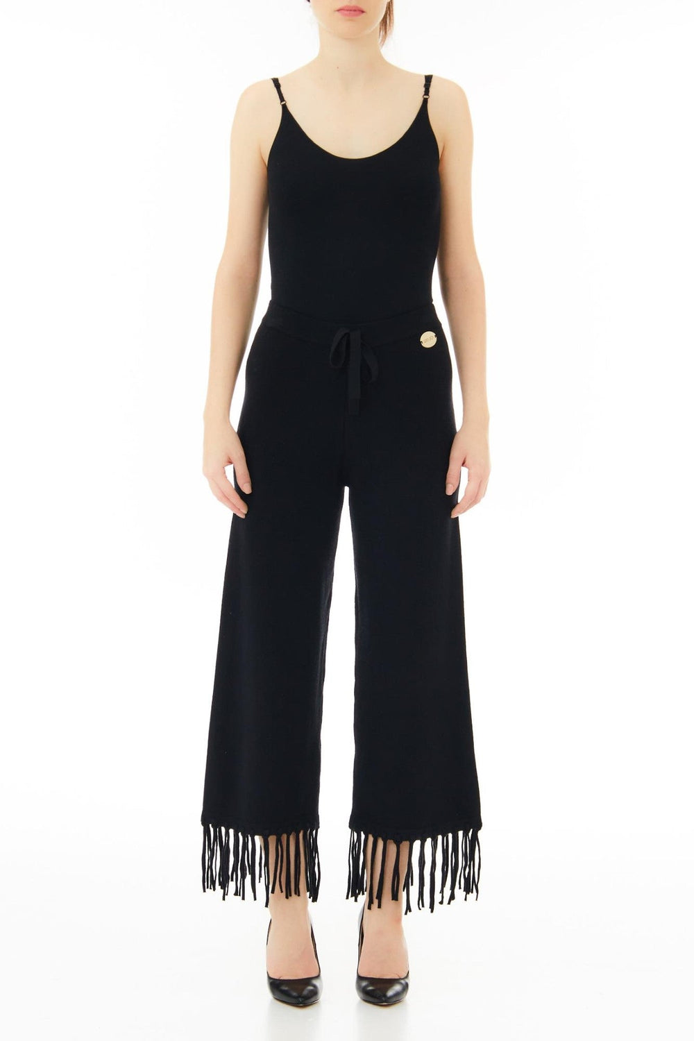 Pantaloni LIU JO de dama din material tricot  accesorizati cu franjuri IMBRACAMINTE LIU JO Negru XS 805494413628