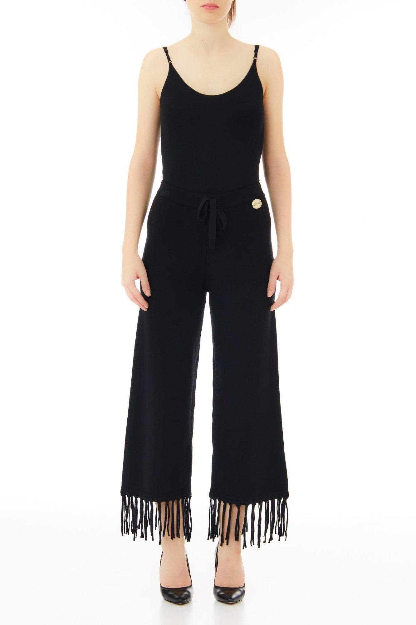 Pantaloni LIU JO de dama din material tricot  accesorizati cu franjuri IMBRACAMINTE LIU JO Negru XS 805494413628