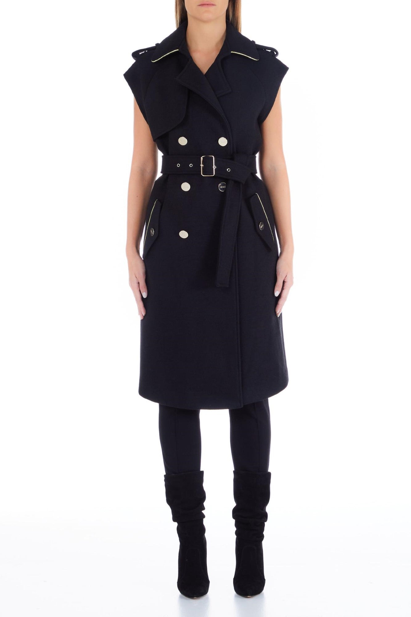 Trench LIU JO  de dama  fara maneci  accesorizat cu nasturi aurii si cordon in talie IMBRACAMINTE LIU JO Negru 38 805513076936