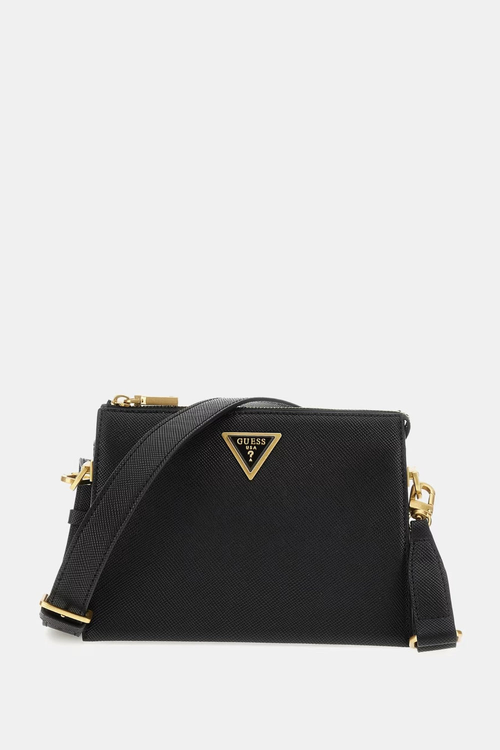 Geanta GUESS Mini Crossbody De Dama Cu Logo Metalic Si Fermoar Auriu ACCESORII GUESS Negru ONE 190231814474
