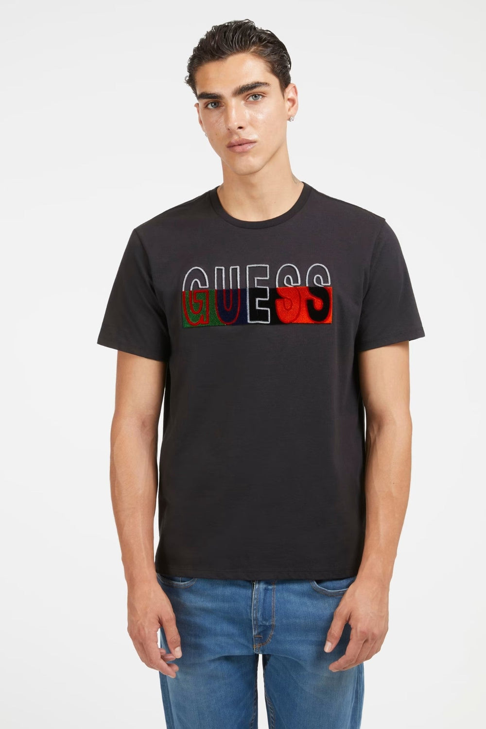 Tricou GUESS cu logo si guler rotund din bumbac IMBRACAMINTE GUESS Negru S 7622336834390