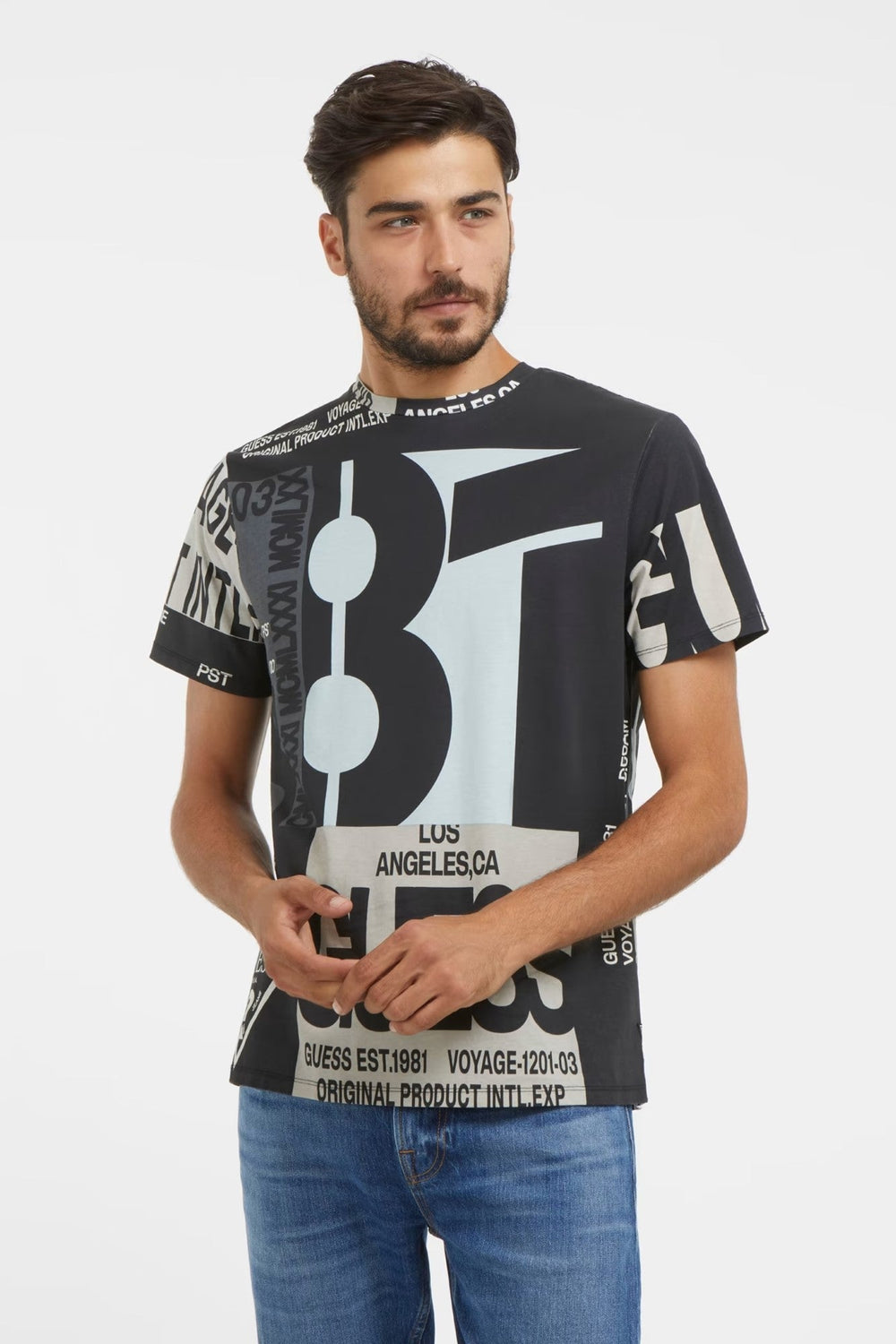 Tricou GUESS cu guler rotund din bumbac IMBRACAMINTE GUESS Negru S 7622336829556
