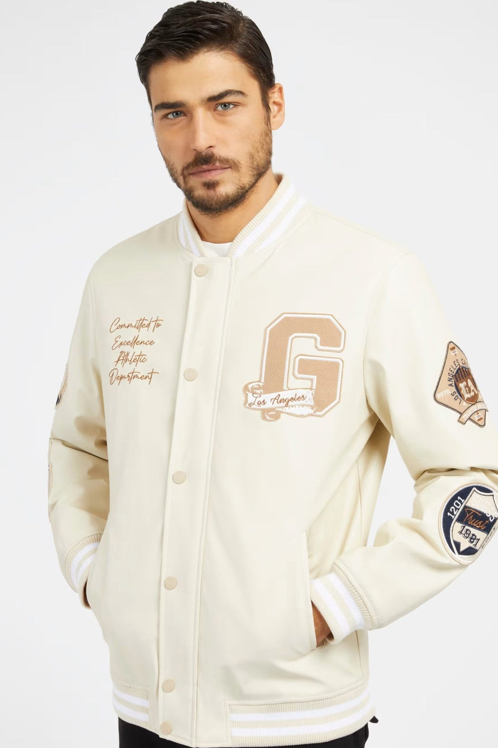 Geaca GUESS De Barbati Bomber Cu Petice IMBRACAMINTE GUESS Bej S 762492651124