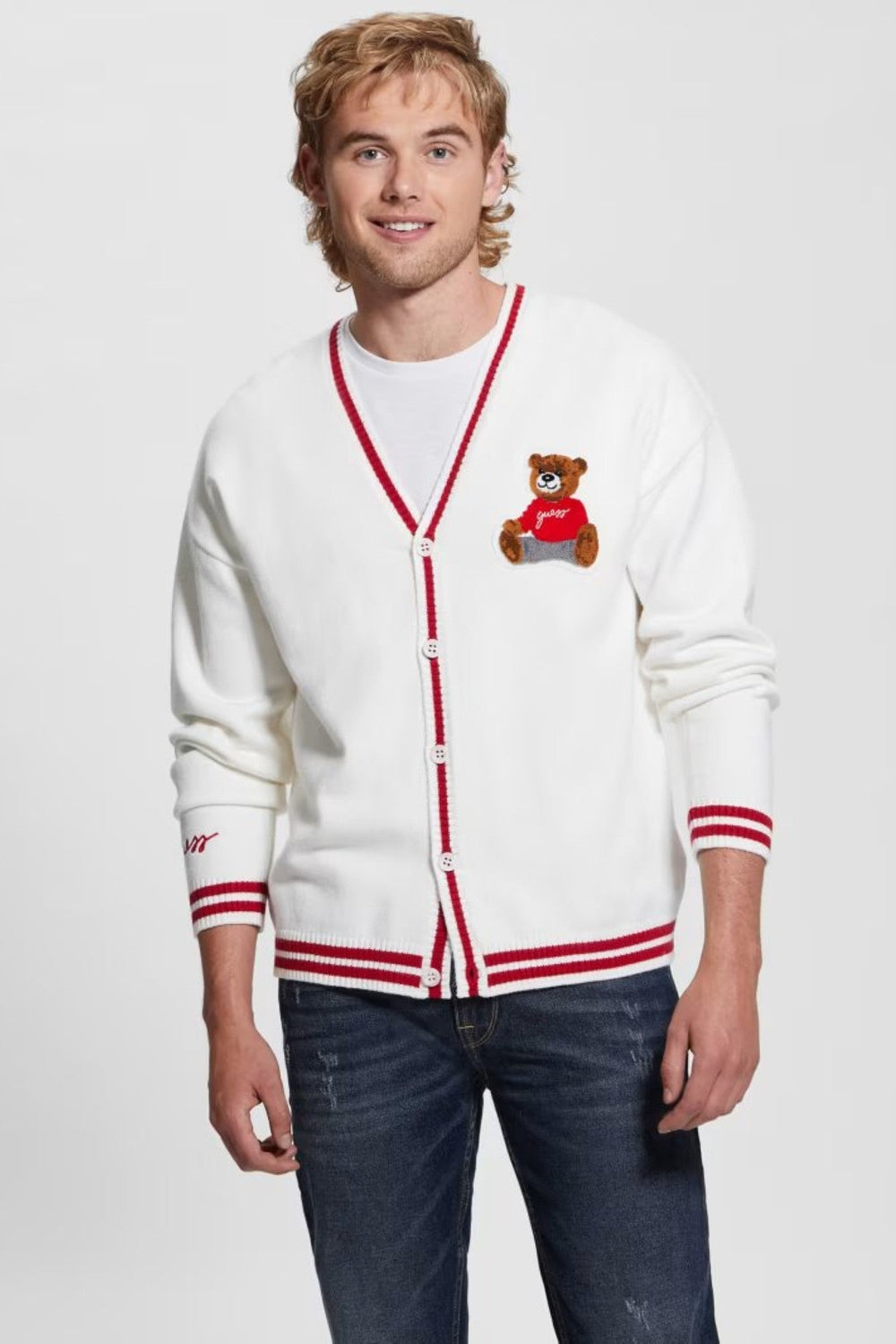 Cardigan GUESS De Barbati Cu Imprimeu Ursulet Si Nasturi Centrali IMBRACAMINTE GUESS Alb XS 762492656714