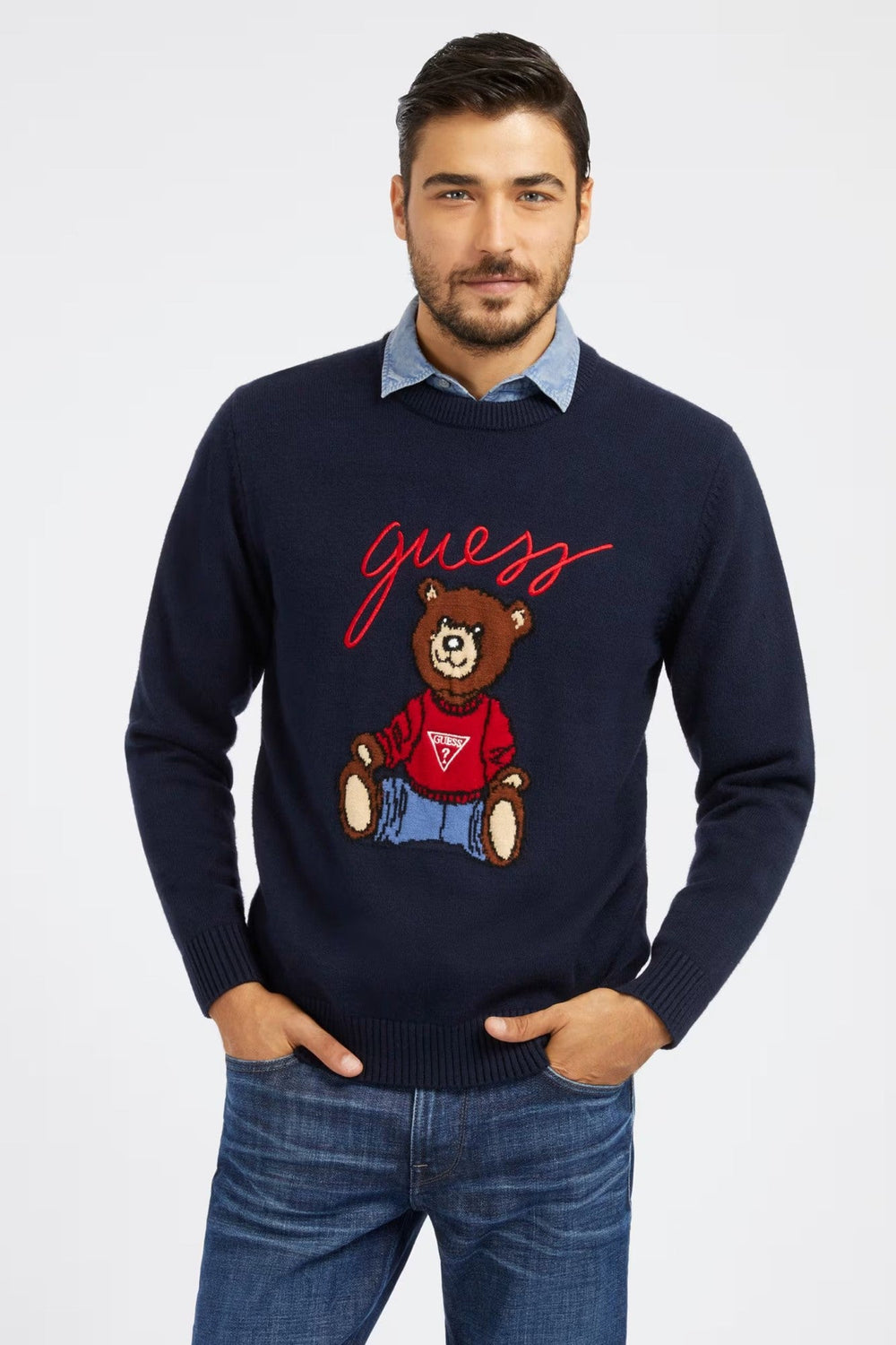 Pulover GUESS De Barbati Cu Logo Frontal IMBRACAMINTE GUESS Albastru S 762492641218