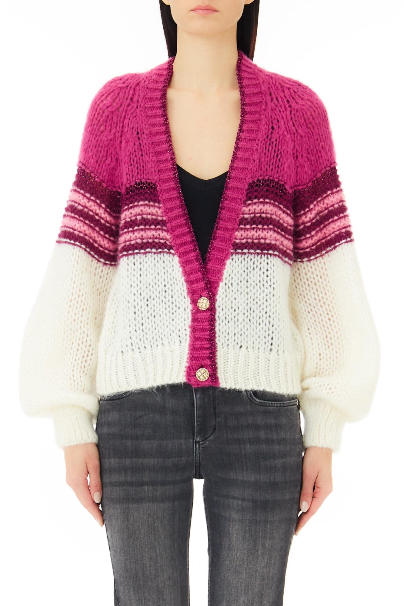 Cardigan LIU JO de dama scurt maneci bufante si inchidere cu doi nasturi IMBRACAMINTE LIU JO Multicolor XS 805494412945