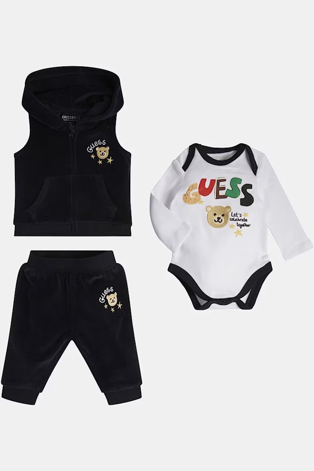 Set 3 piese GUESS KIDS cu ursulet IMBRACAMINTE GUESS KIDS Albastru 6/9M 7622336667264