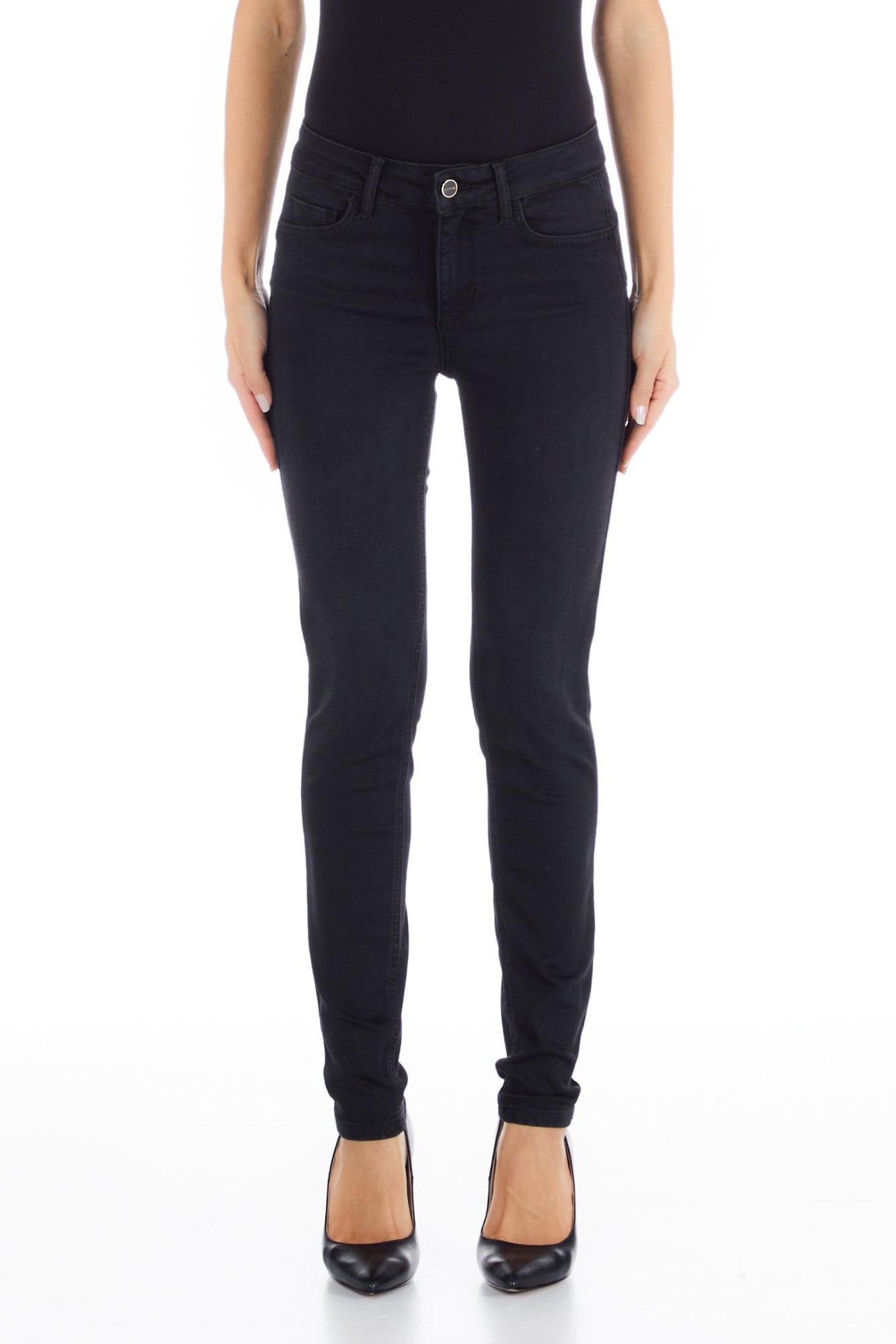 Pantaloni denim LIU JO cu talie medie croiala skinny si insertii de piele ecologica IMBRACAMINTE LIU JO Negru 24 805513075501