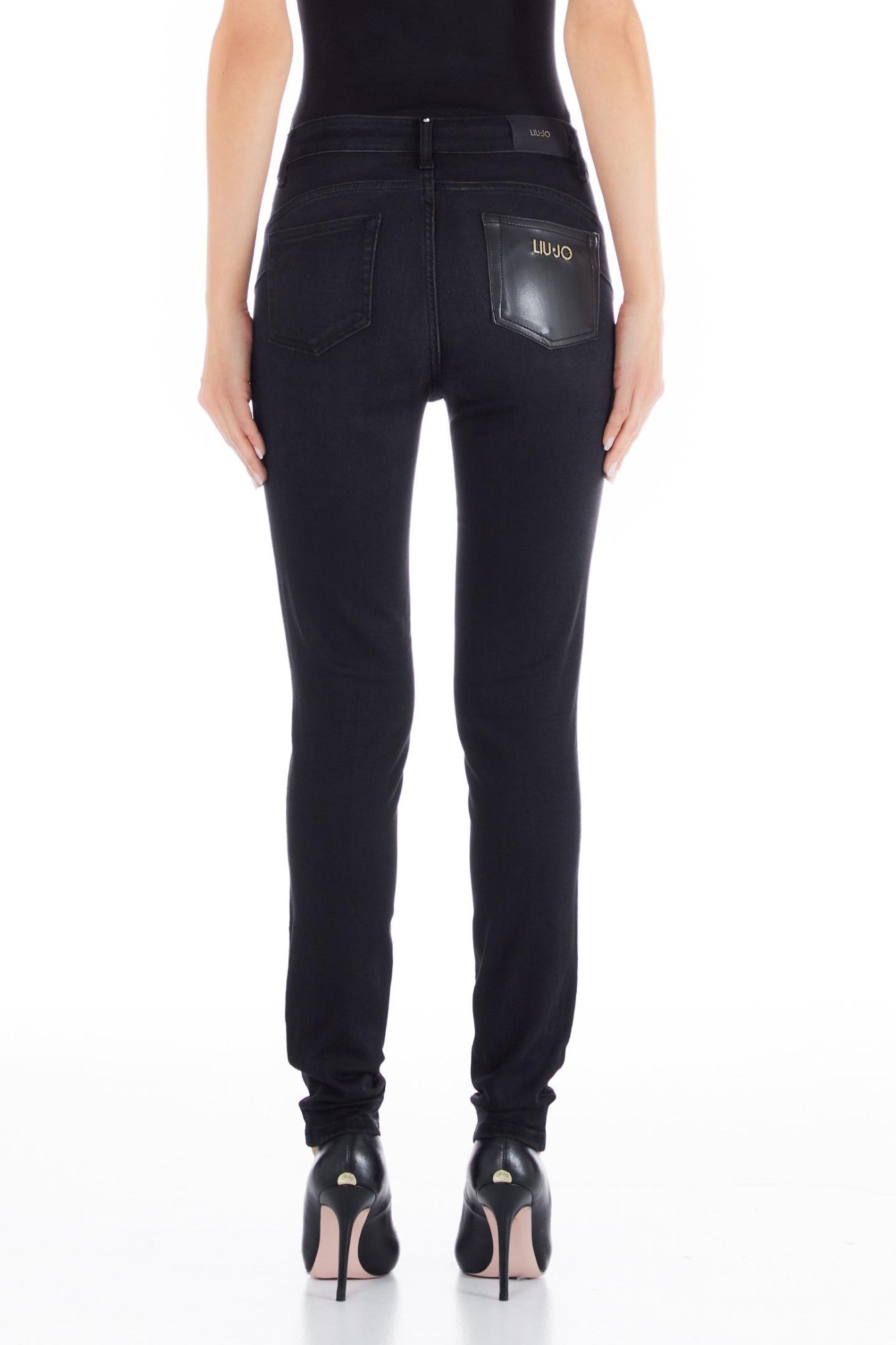 Pantaloni denim LIU JO cu talie medie croiala skinny si insertii de piele ecologica IMBRACAMINTE LIU JO   