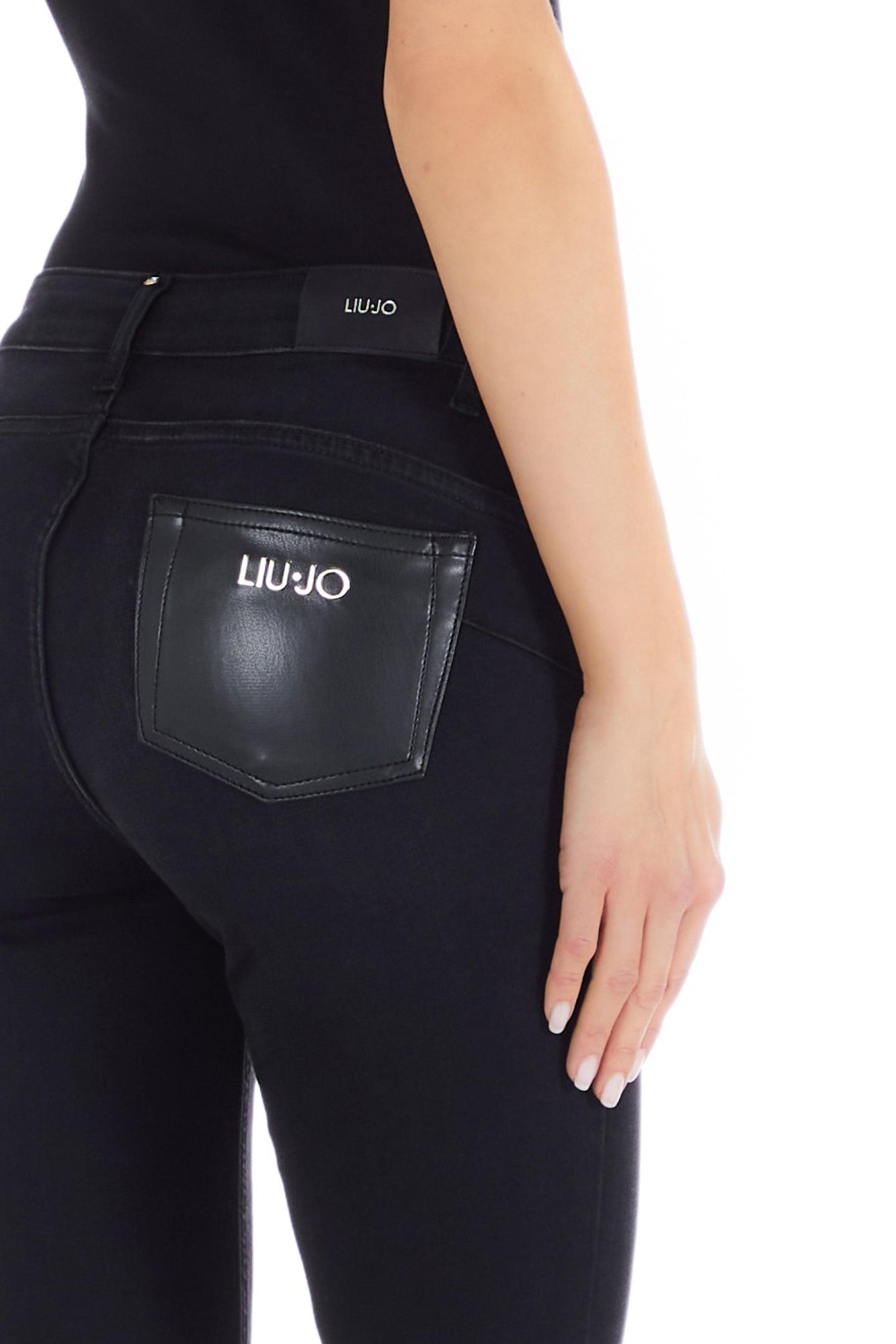 Pantaloni denim LIU JO cu talie medie croiala skinny si insertii de piele ecologica IMBRACAMINTE LIU JO   