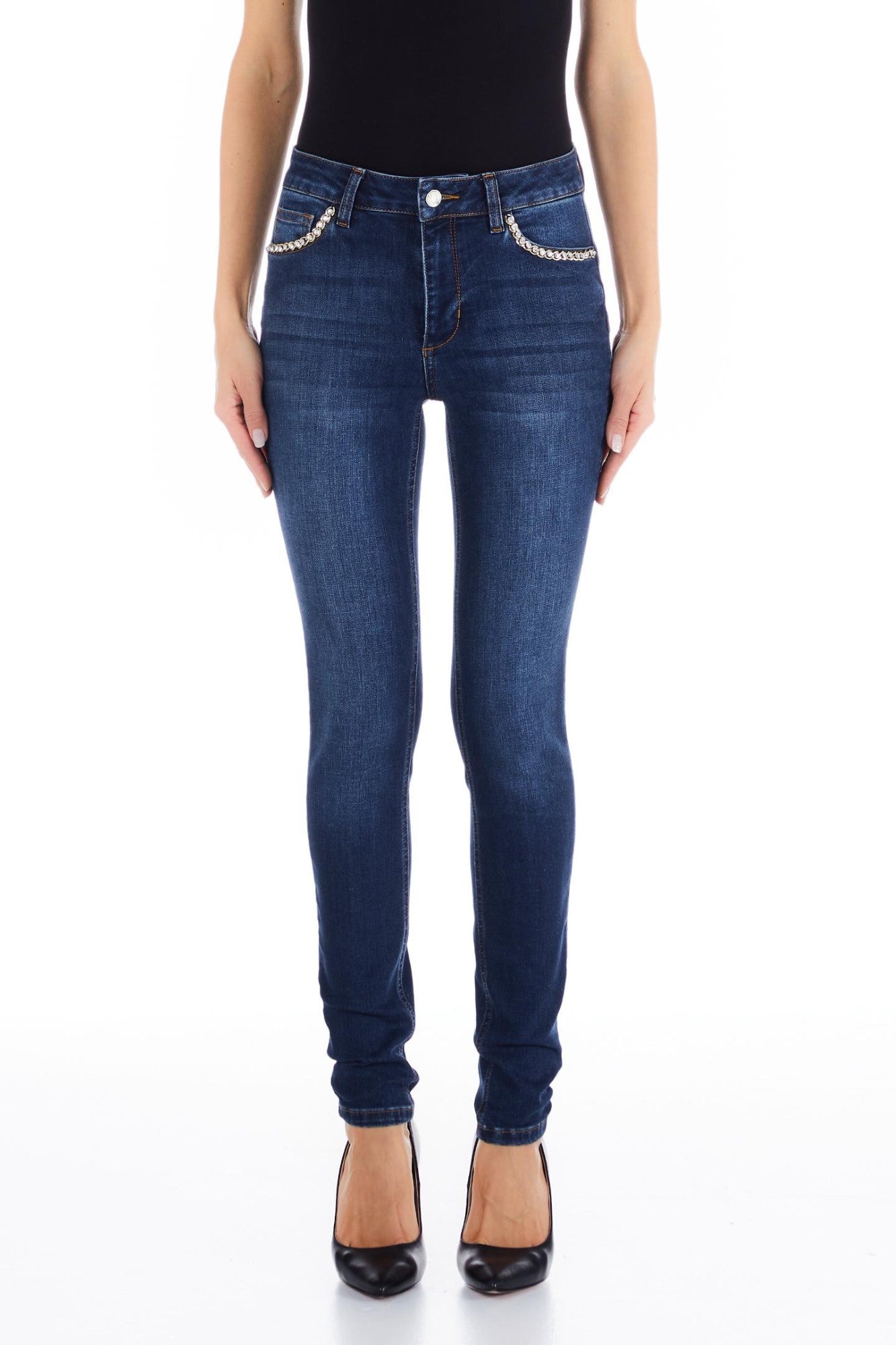 Pantaloni DAMA LIU JO Skinny Cu Talie Medie si cu perle la buzunare IMBRACAMINTE LIU JO Albastru 24 8055130752512