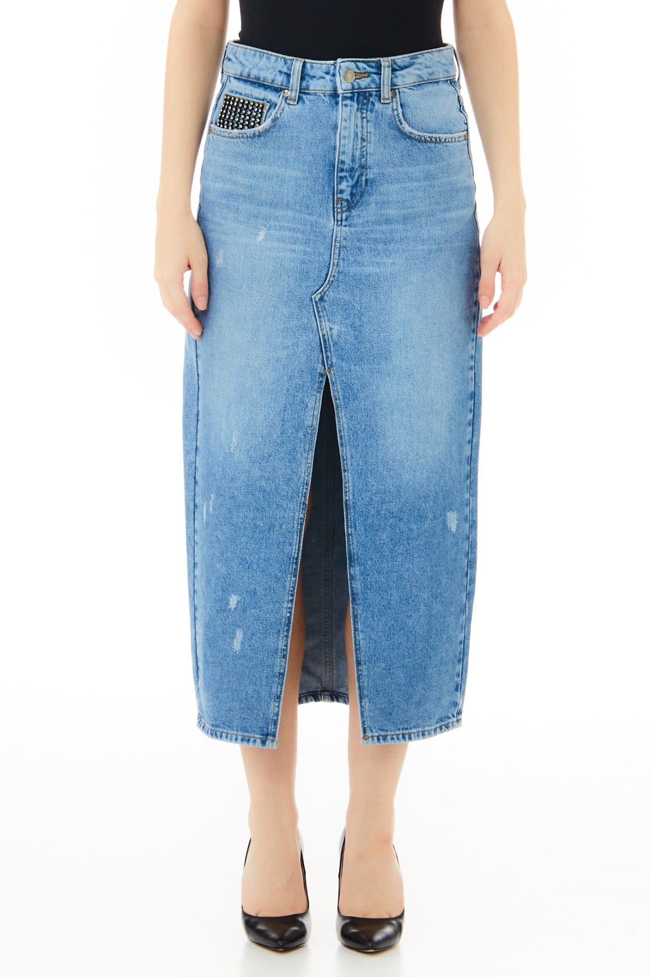 Fusta LIU JO denim midi cu crapatura in partea din fata IMBRACAMINTE LIU JO Albastru 24 805494408341