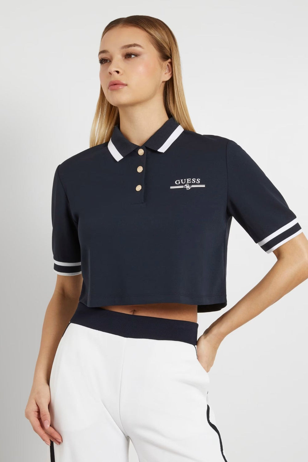 Tricou GUESS De Dama Scurt Cu Banda La Maneci Si Guler Polo IMBRACAMINTE GUESS Albastru XS 762610120476
