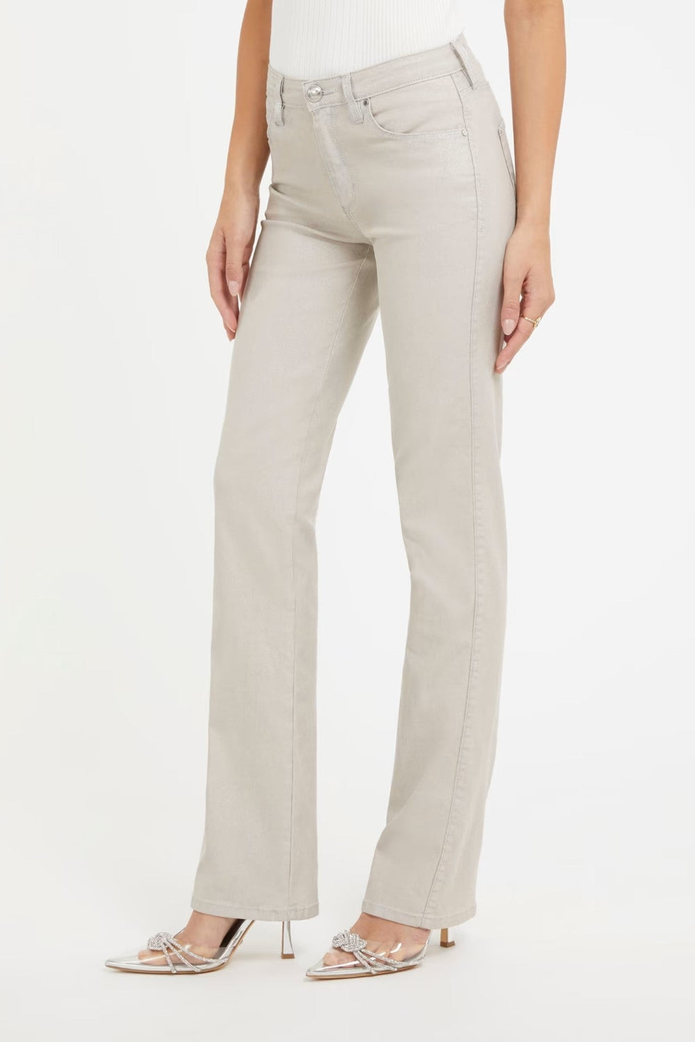 Pantaloni Dama Denim GUESS Drepti Cu Talie Medie IMBRACAMINTE GUESS Bej 24 7624926242776