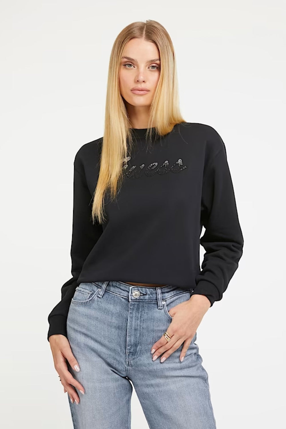 Pulover GUESS cu logo si culer rotund IMBRACAMINTE GUESS Negru XS 7622336556711