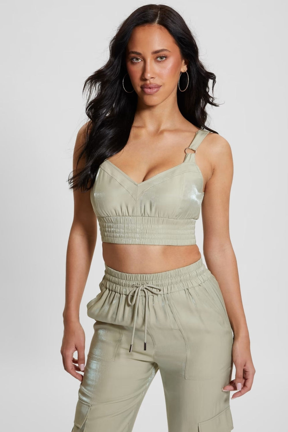 Top Dama GUESS crop cu decolteu in V TOPURI SI BLUZE GUESS Kaki XS 7622078883069