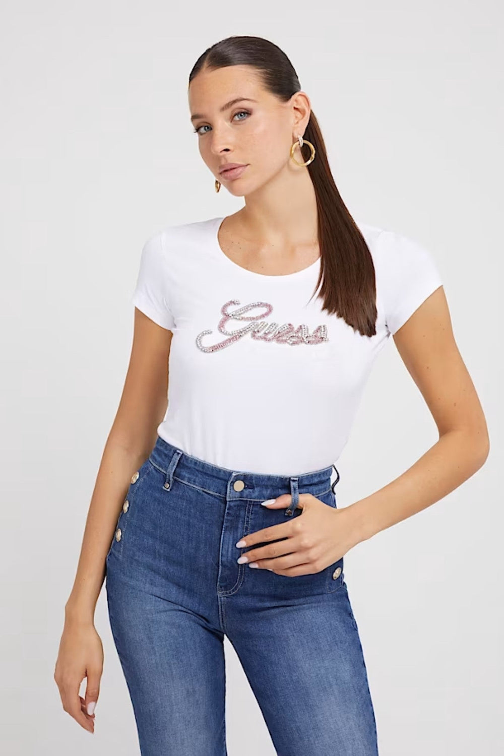 Tricou GUESS cu decolteu rotund si logo IMBRACAMINTE GUESS Alb XS 7622078608105