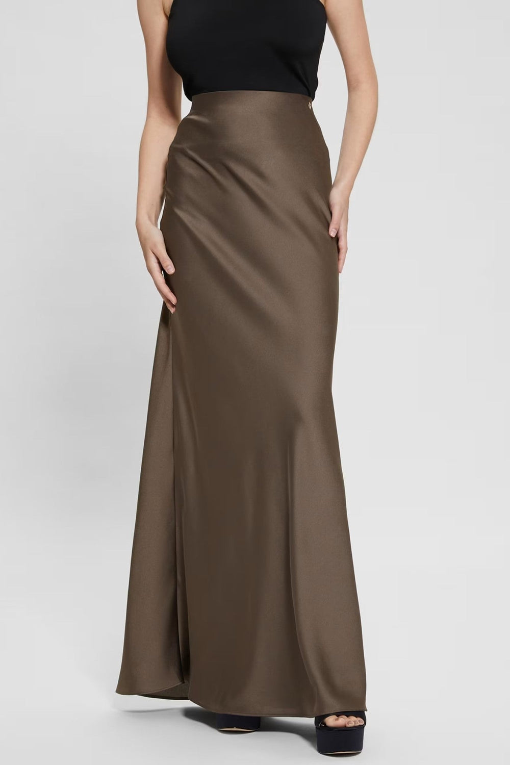 Fusta GUESS De Dama Lunga Din Satin Cu Talie Inalta IMBRACAMINTE GUESS Kaki XS 762610131943