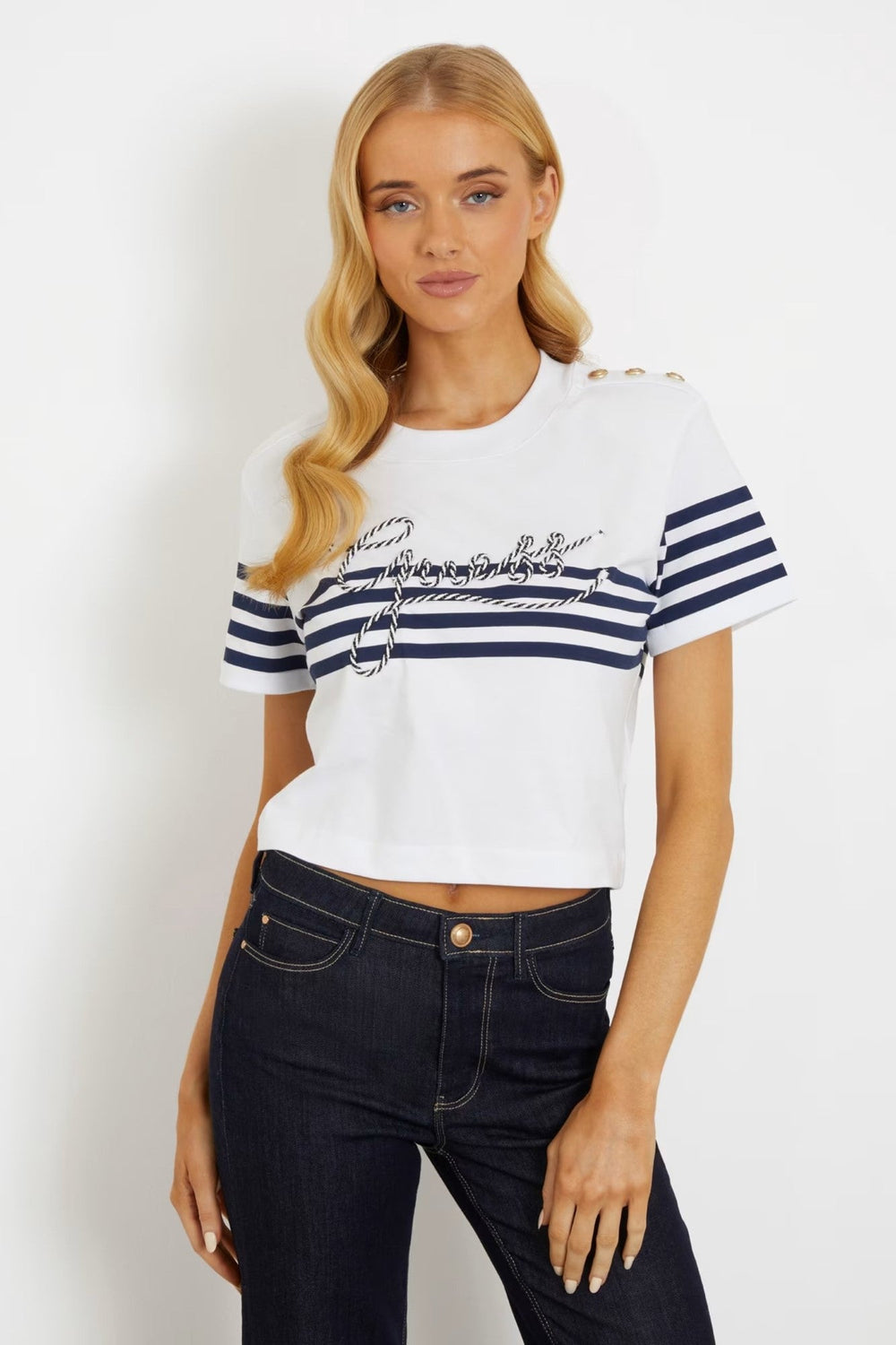 Tricou GUESS De Dama Cu Logo Frontal Tricot Din Bumbac IMBRACAMINTE GUESS Alb XS 762610123718