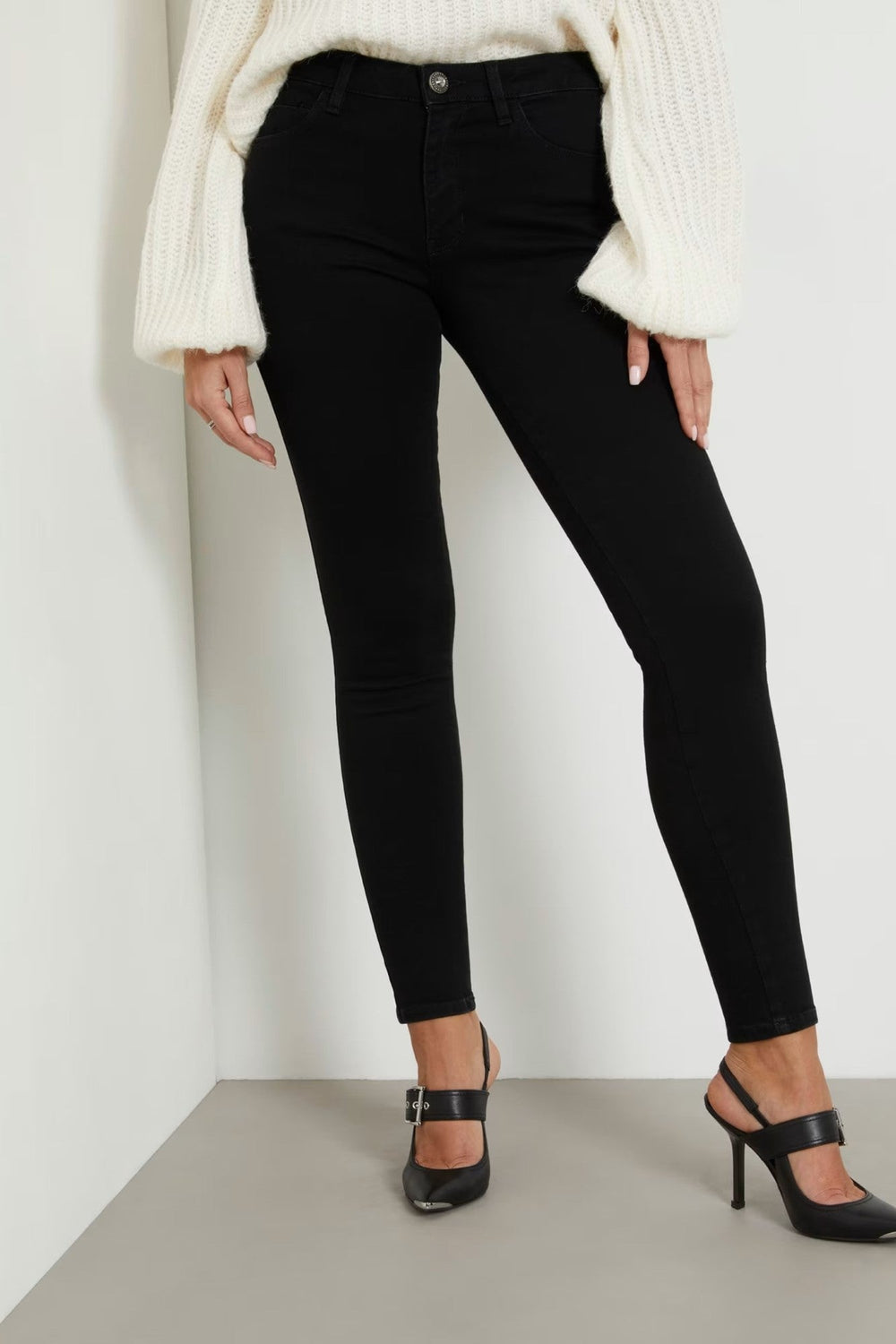 Pantaloni Denim GUESS De Dama Skinny Cu Talie Medie IMBRACAMINTE GUESS Negru 24 762492636383
