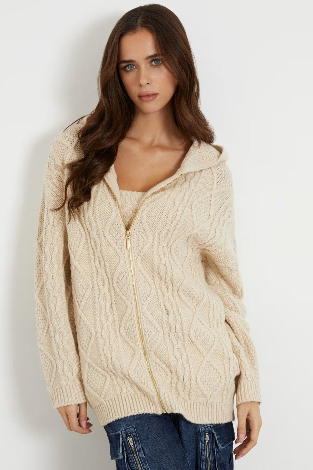 Pulover Dama GUESS Tricot Cu Gluga si Inchidere Prin Fermoar IMBRACAMINTE GUESS Bej XS 762492655927